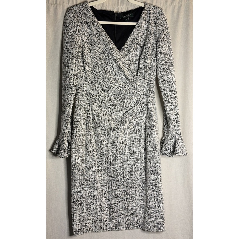 Lauren Ralph Lauren Dress Women's 8 Tweed Black White Sheath Vneck‎ Lined Classy